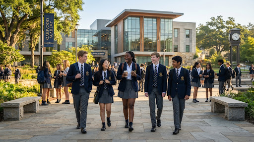 Al Mouj students in the school courtyard